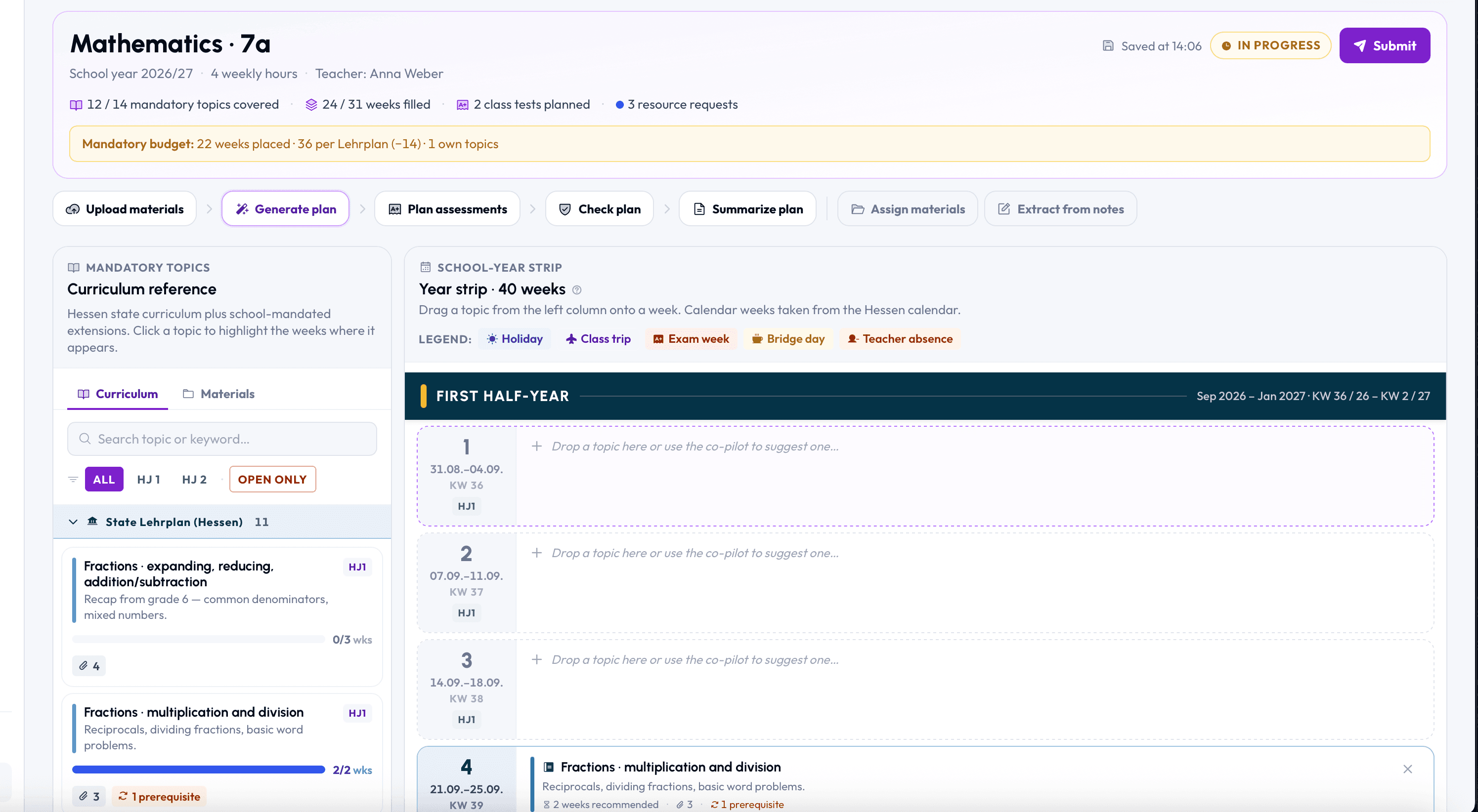 HumanOS teacher planner — Mathematics 7a course plan