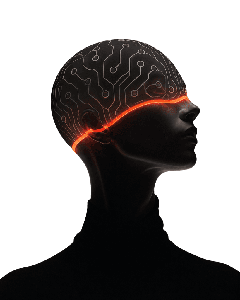 A human head with a circuit-board brain, wired into the school's systems