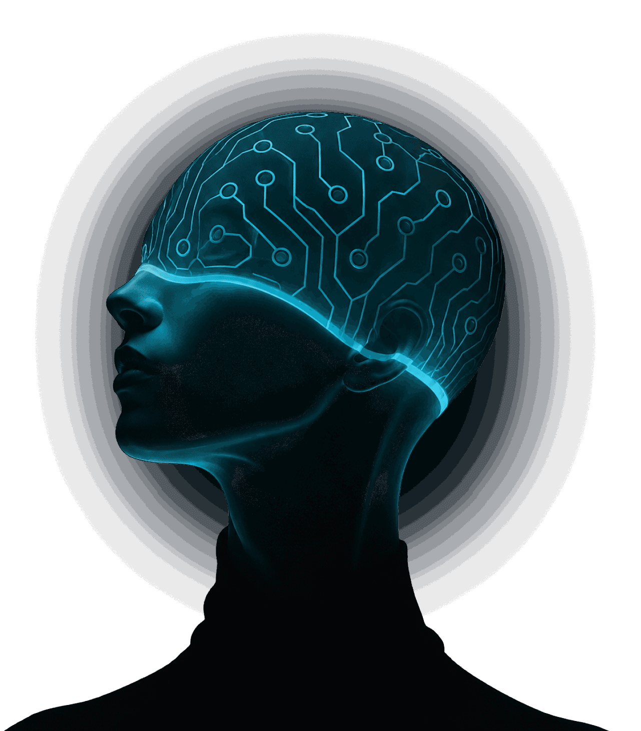 A human head with a circuit-board brain, wired into the school's systems