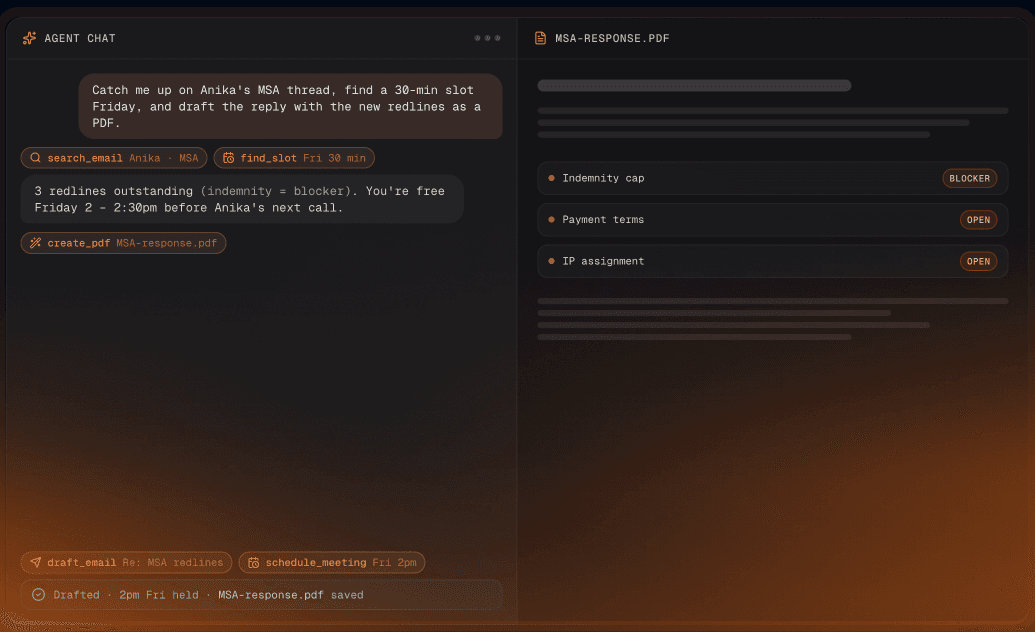 OrganisationOS agent chat drafting an MSA reply