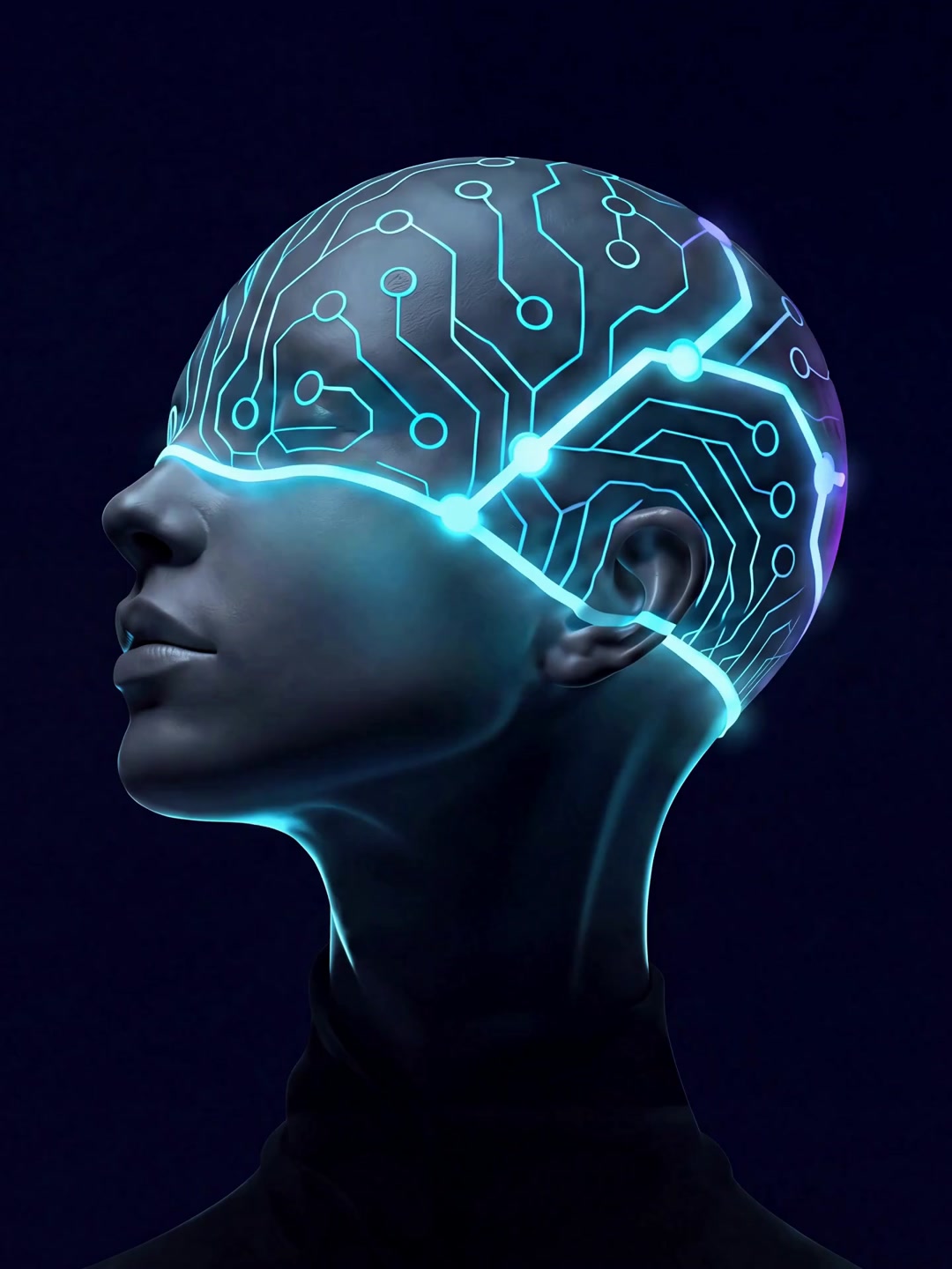 A matte synthetic head with cyan circuitry connected to a school’s systems